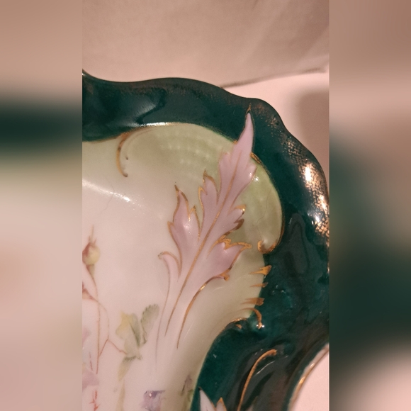 Antique C.T. German divided bowl with handle, green, and gold. - Picture 7 of 15